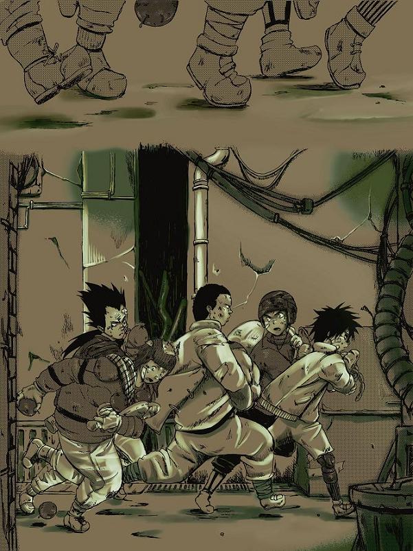 5boys, bandaid, black_hair, cable, dokuga, dorohedoro, jacket, looking_back