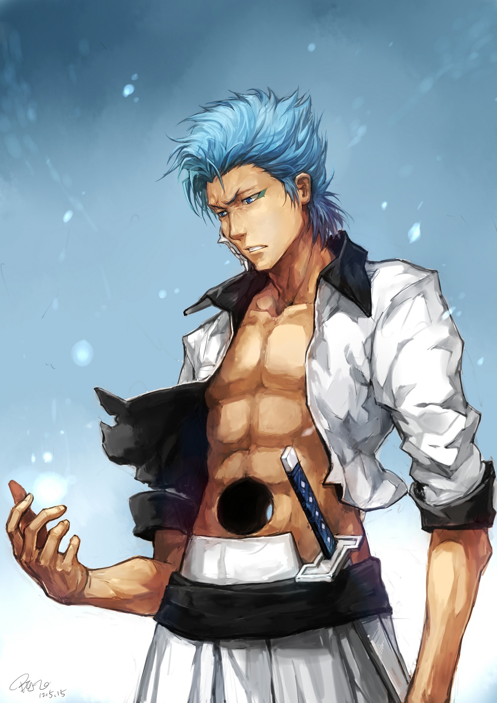 1boy, abs, arrancar, bleach, blue_eyes, blue_hair, grimmjow_jaegerjaquez, highres
