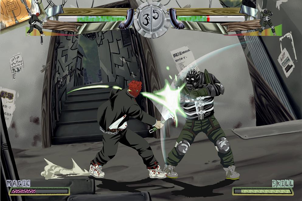 2boys, alley, battle, caiman_(dorohedoro), chain, city, dorohedoro, fake_screenshot, fighting, fighting_game, formal_clothes, gas_mask, graffiti, hammer, health_bar, heart_(organ), male_focus, mask, millipen_(medium), mixed_media, multiple_boys, necktie, pen_(medium), sheath, shin_(dorohedoro), shoes, sneakers, suit, traditional_media, tuxedo, yoshimoto_(pag_dog)