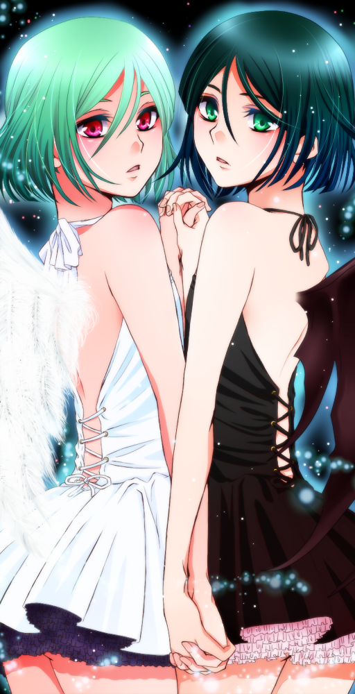 2boys, black_hair, dark_persona, dress, fate/zero, fate_(series), frills, green_eyes