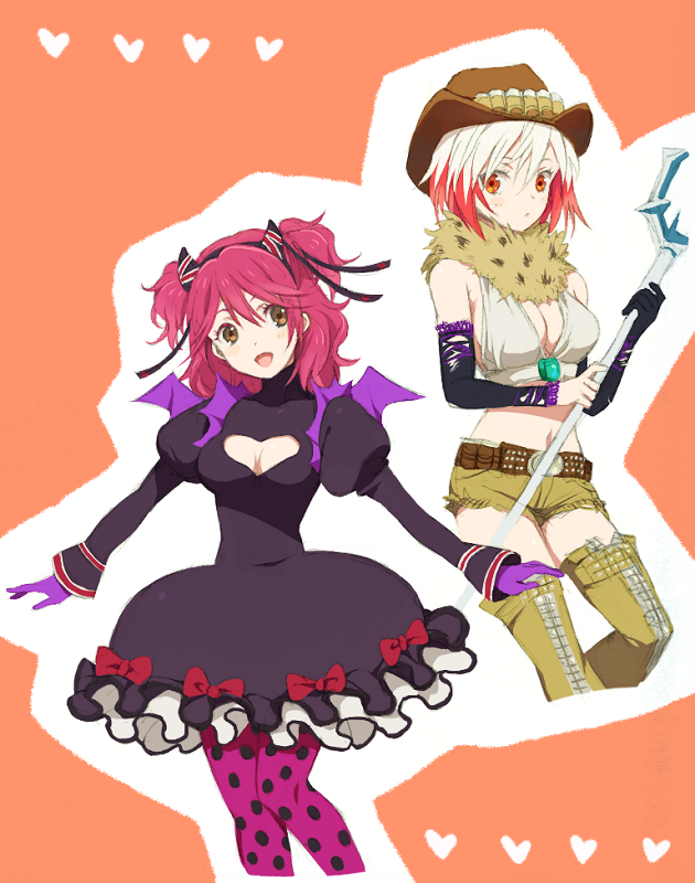 2girls, alternate_costume, bad_id, bad_pixiv_id, breasts, cheria_barnes, cheria_barnes_(little_imp), cleavage_cutout