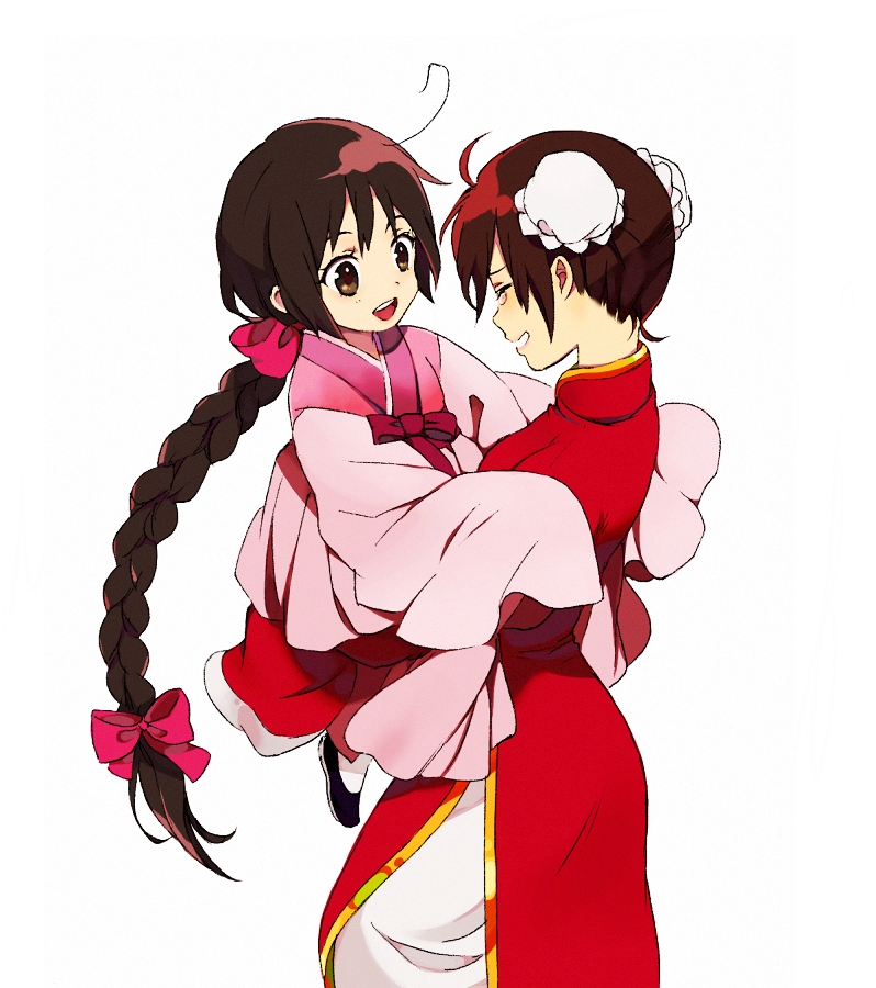 2girls, ahoge, arms_up, axis_powers_hetalia, bad_id, bad_pixiv_id, blush, bow