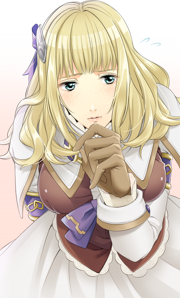 1girl, blonde_hair, blue_eyes, breasts, corset, dress, female_focus, freckles