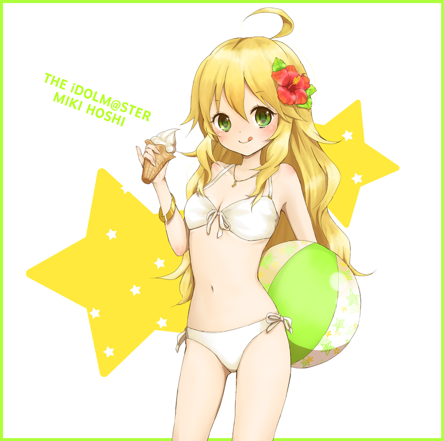 1girl, ahoge, bad_id, bad_pixiv_id, ball, beachball, bikini, blonde_hair
