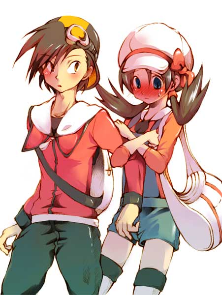 1boy, 1girl, atom_(@tom), atom_(artist), bag, baseball_cap, black_hair, blush