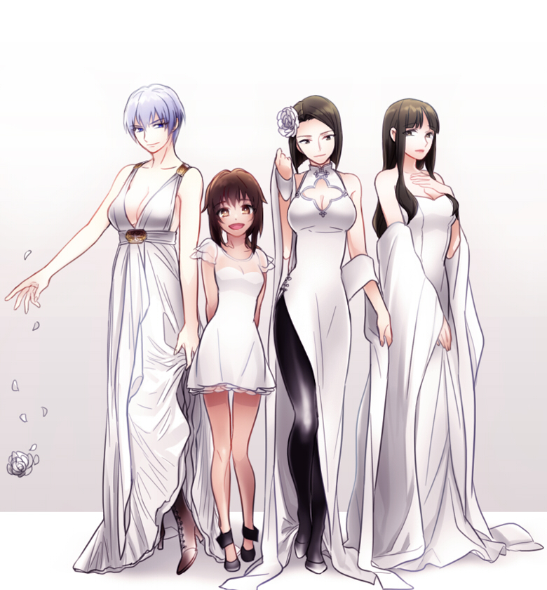 4girls, bad_id, bad_pixiv_id, black_eyes, black_hair, black_legwear, blue_eyes, blue_hair, bob_cut, breasts, brown_eyes, brown_hair, china_dress, chinese_clothes, cleavage, cleavage_cutout, clothing_cutout, danbi2021, dark_skin, dark-skinned_female, detached_sleeves, dress, fate/zero, fate_(series), flower, hair_flower, hair_ornament, hisau_maiya, large_breasts, long_hair, multiple_girls, natalia_kaminski, pantyhose, shirley_(fate), short_hair, side_slit, strapless, strapless_dress, tohsaka_aoi