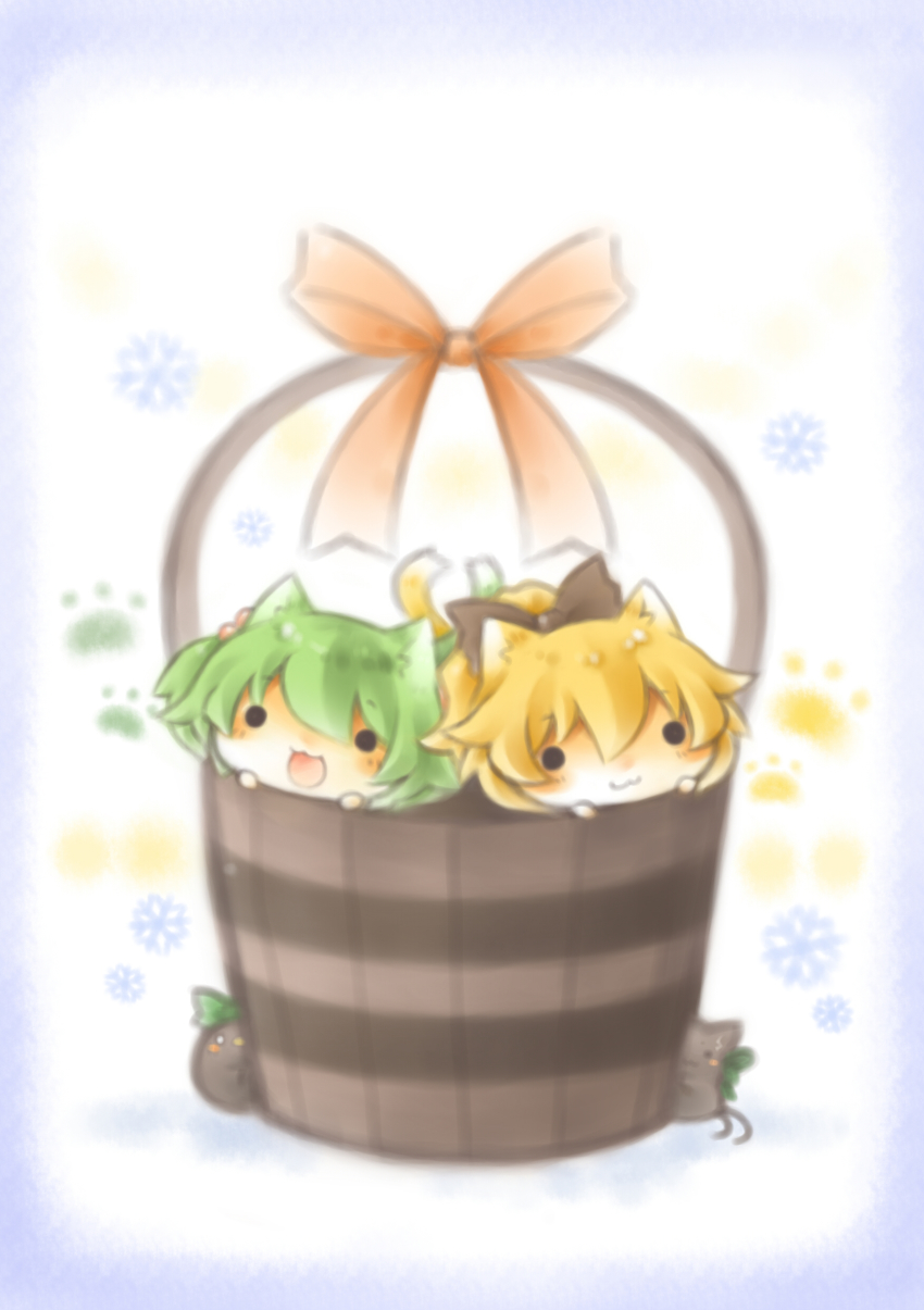 2girls, :3, absurdres, animal_ears, blonde_hair, blush, blush_stickers, bow, bucket, cat_ears, cat_girl, cat_tail, female_focus, green_hair, hair_bobbles, hair_bow, hair_ornament, highres, in_bucket, in_container, kaenbyou_rin, kaenbyou_rin_(cat), kisume, kurodani_yamame, multiple_girls, multiple_tails, open_mouth, reiuji_utsuho, reiuji_utsuho_(bird), short_hair, side_ponytail, smile, tail, touhou, wooden_bucket, yasiro