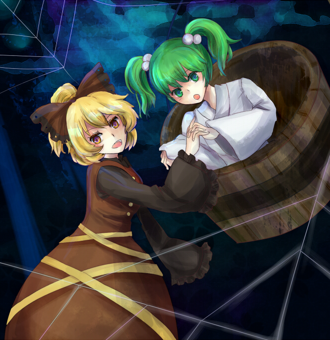 2girls, blonde_hair, bow, bucket, female_focus, green_eyes, green_hair, hair_bow