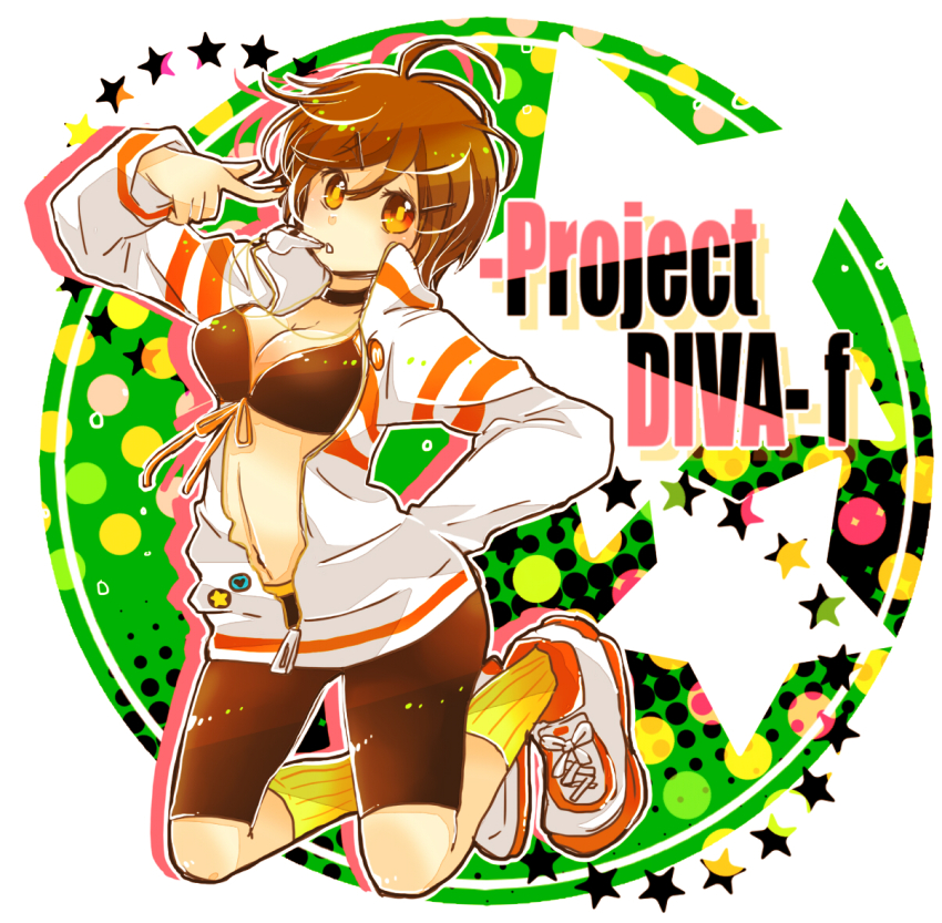 1girl, 7:24, bike_shorts, bra, breasts, brown_hair, choker, cleavage