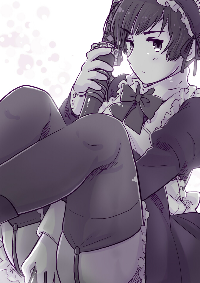 1boy, alternate_costume, axis_powers_hetalia, black_hair, black_thighhighs, crossdressing, crossdressing_(mtf), dress, enmaided, garter_belt, garter_straps, japan_(hetalia), kuro_(parade), maid, maid_headdress, male_focus, male_maid, monochrome, solo, sword, thighhighs, trap, weapon