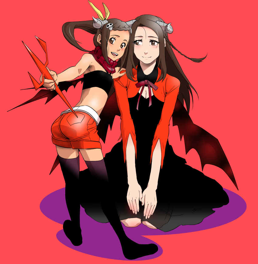 10s, 2girls, absurdres, age_difference, ass, bandeau, bow, braid, braided_bangs, brown_eyes, brown_hair, hair_bow, hair_ornament, halloween, highres, horns, indian_style, kaburagi_kaede, kaburagi_tomoe, long_hair, mother_and_child, mother_and_daughter, multiple_girls, parent_and_child, polearm, shorts, side_ponytail, sitting, skull_hair_ornament, smile, thighhighs, tiger_&amp;_bunny, tkk81160, trident, weapon, wings