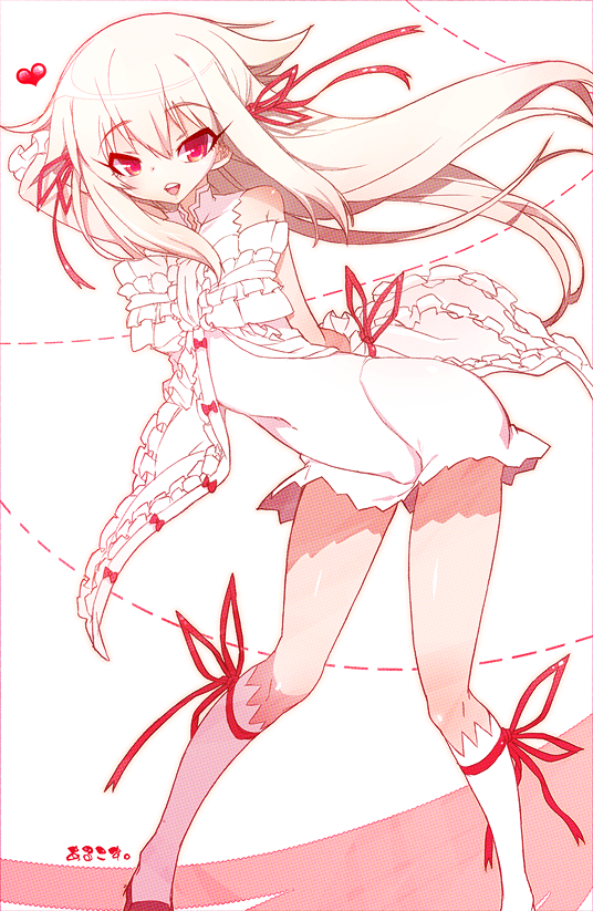 1girl, al_azif_(cosplay), al_azif_(demonbane), bad_id, bad_pixiv_id, bare_shoulders, boots, cao_cao_(sengoku_hime), cosplay, demonbane, dougan_calpis_con, dress, female_focus, hair_ribbon, heart, looking_at_viewer, open_mouth, red_eyes, ribbon, sangoku_hime, sangoku_hime_2, sengoku_hime_2, shoes, short_dress, solo, sousou_moutoku_(sangoku_hime), thigh_boots, thighhighs, underwear, white_dress, white_hair, white_thighhighs