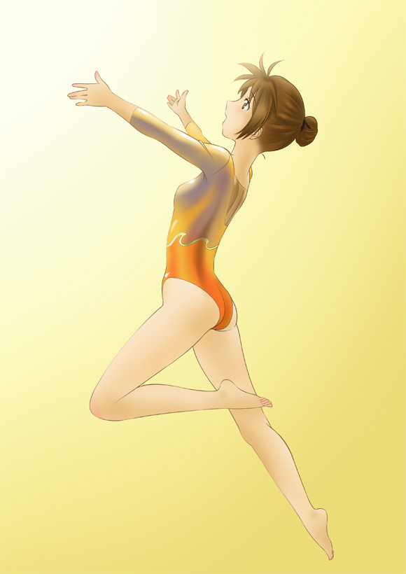 1girl, ass, athletic_leotard, barefoot, brown_eyes, brown_hair, chaborin, full_body