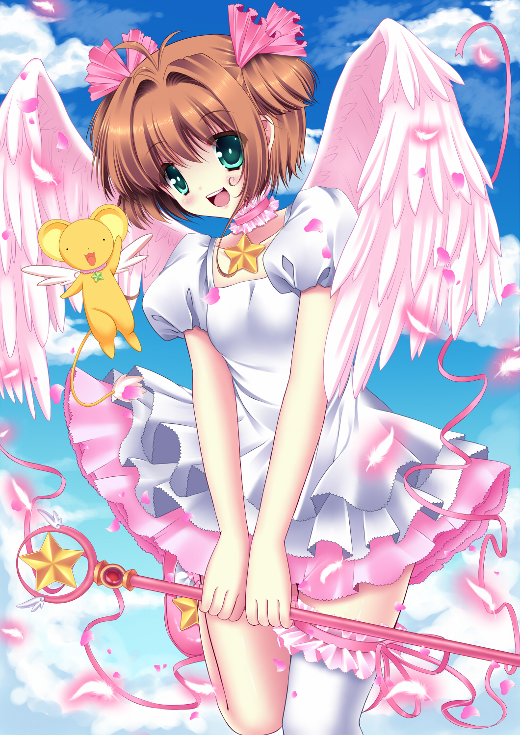 1990s_(style), 1girl, :d, bad_id, bad_pixiv_id, brown_hair, cardcaptor_sakura, child, dress, green_eyes, highres, hoshi_no_tsue, kero_(cardcaptor_sakura), kinomoto_sakura, kinomoto_sakura_(astral_sakura), open_mouth, puffy_short_sleeves, puffy_sleeves, retro_artstyle, shira_yuri, shirato_sayuri, short_hair, short_sleeves, single_thighhigh, smile, thighhighs, two_side_up, wings