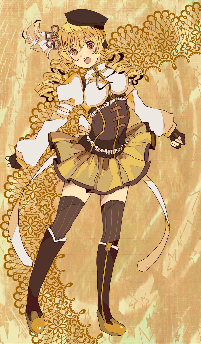 10s, 1girl, female_focus, highres, mahou_shoujo_madoka_magica, shimotsuki_(ichiruki), solo, star_(symbol), symbol-shaped_pupils, tomoe_mami