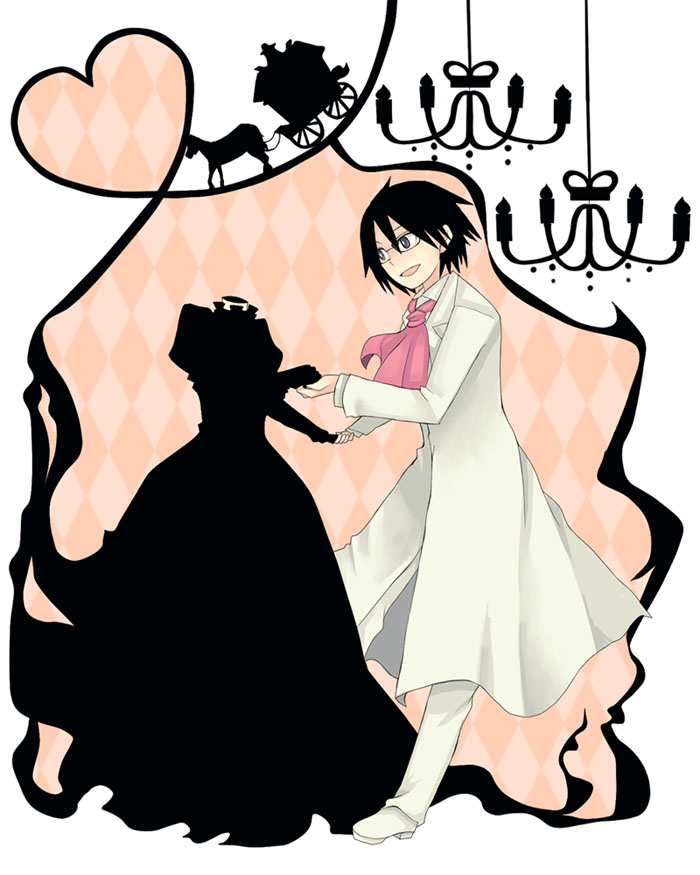 1boy, 1girl, bad_id, bad_pixiv_id, black_eyes, black_hair, celty_sturluson, couple, dress, durarara!!, glasses, headless, heart, heart_of_string, hetero, kishitani_shinra, mitsutoki