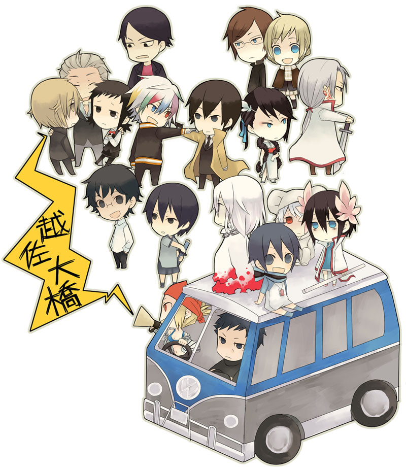 6+boys, 6+girls, amagiri_yakumo, annotated, annotation_request, arrow_(symbol), bare_shoulders, bus