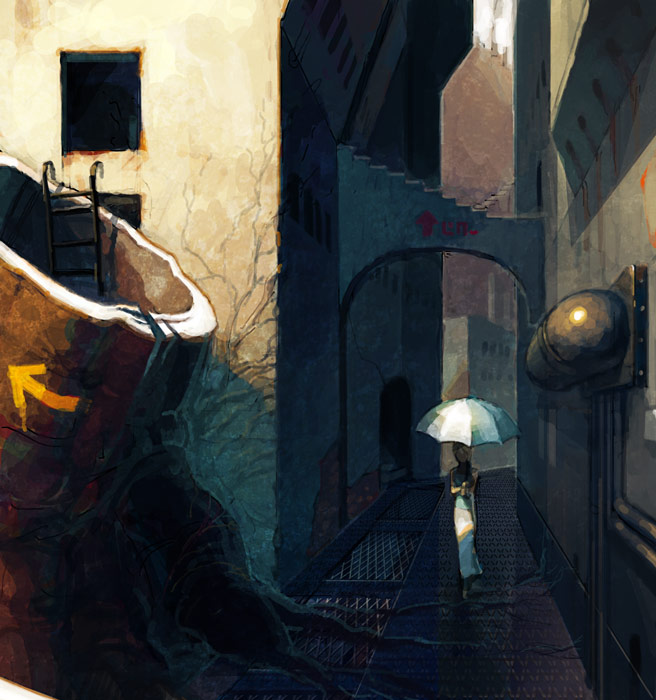 1girl, arrow_(symbol), building, chaoz_lounge, cityscape, female_focus, nature, original, outdoors, plant, solo, umbrella