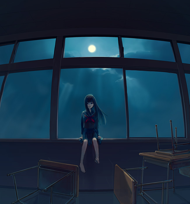 1girl, black_hair, chaoz_lounge, cloud, female_focus, fisheye, full_moon, long_hair, moon, night, original, school_uniform, sitting, sky, solo, window