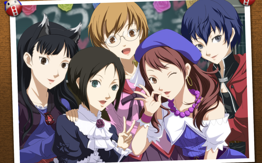 5girls, amagi_yukiko, animal_ears, atlus, bad_id, bad_pixiv_id, bakemonogatari, beret, black_hair, blue_hair, brown_eyes, brown_hair, cosplay, crossover, earrings, edward_elric, edward_elric_(cosplay), fullmetal_alchemist, glasses, gokou_ruri, gokou_ruri_(cosplay), green_eyes, grey_eyes, hanazawa_kana, hanekawa_tsubasa, hanekawa_tsubasa_(cosplay), hat, highres, holo, holo_(cosplay), horie_yui, idolmaster, idolmaster_(classic), jewelry, koshimizu_ami, kouchou, kugimiya_rie, kujikawa_rise, kuma_(persona_4), long_hair, marie_(persona_4), minase_iori, minase_iori_(cosplay), monogatari_(series), multiple_crossover, multiple_girls, necklace, nekomonogatari, nisemonogatari, one_eye_closed, open_mouth, ore_no_imouto_ga_konna_ni_kawaii_wake_ga_nai, paku_romi, palace_of_dragon_(idolmaster), persona, persona_4, persona_4_the_golden, photo_(object), ryuuguu_komachi, satonaka_chie, shirogane_naoto, short_hair, smile, spice_and_wolf, twintails, v, voice_actor_connection, wink, wolf_ears, wrist_cuffs