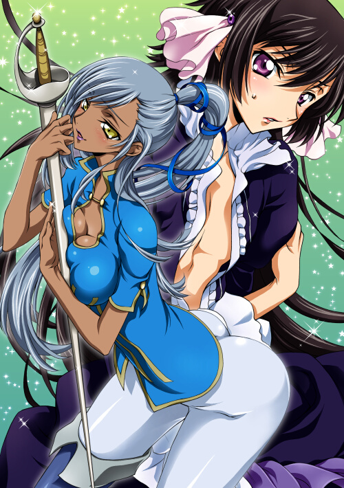 1boy, 1girl, :d, ass, black_hair, blush, boots, breast_press, breasts, buttons, cleavage, code_geass, crossdressing, dark_skin, embarrassed, frills, gradient_background, hair_ribbon, hetero, hug, iyou, large_breasts, lipstick, long_hair, looking_away, luluko, makeup, mizuno_poppo, naughty_face, open_clothes, open_mouth, pants, ponytail, profile, purple_eyes, purple_lips, ribbon, silver_hair, skin_tight, smile, sparkle, staff, star_(symbol), sweatdrop, swept_bangs, sword, thigh_boots, thighhighs, tight_clothes, tight_pants, very_long_hair, villetta_nu, weapon, yellow_eyes