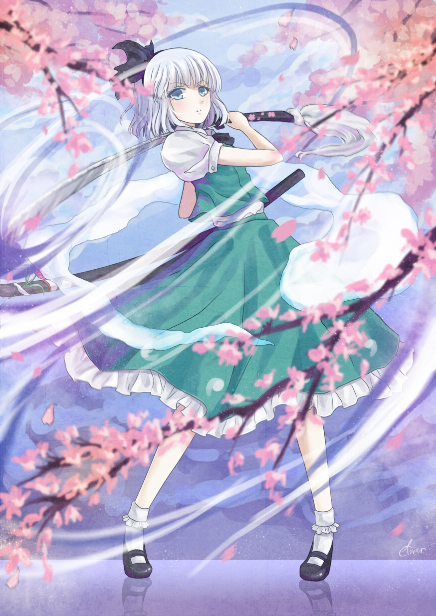 1girl, blue_eyes, cherry_blossoms, female_focus, hair_ribbon, highres, hitodama, konpaku_youmu