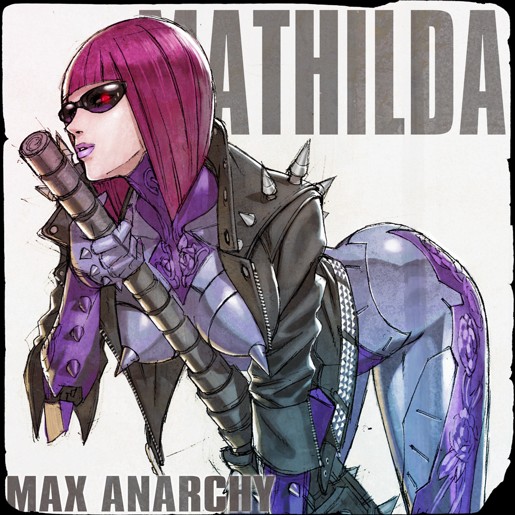 1girl, belt, bent_over, between_breasts, blunt_bangs, bob_cut, breasts, character_name, club, club_(weapon), copyright_name, cyborg, female_focus, floral_print, from_side, glowing, glowing_eye, holding, holding_weapon, jacket, large_breasts, leather, leather_jacket, lipstick, long_sleeves, looking_at_viewer, makeup, mathilda, mathilda_(madworld), max_anarchy, official_art, open_belt, open_clothes, open_jacket, parted_lips, purple_hair, purple_lips, red_eyes, short_hair, simple_background, sketch, solo, spiked_club, spikes, studded_belt, sunglasses, unzipped, weapon, white_background, yoshimura_ken'ichirou, yosshii