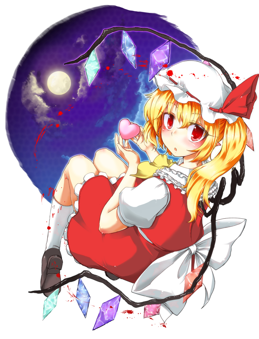 1girl, absurdres, ascot, blonde_hair, blush, female_focus, flandre_scarlet, full_moon