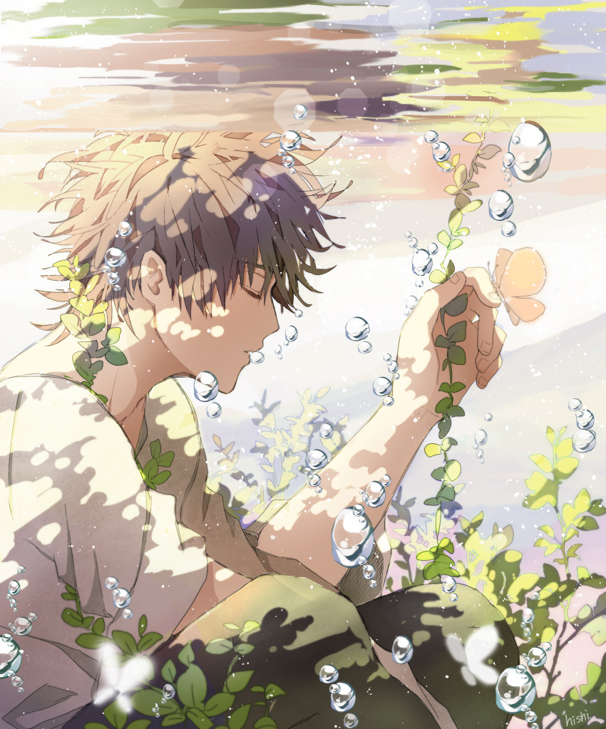 1boy, brown_hair, bubble, bug, butterfly, butterfly_on_hand, closed_eyes, from_side