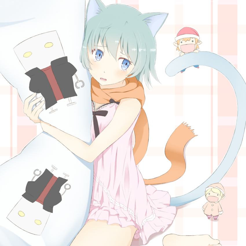 00s, 10s, 1girl, 2boys, animal_ears, blue_eyes, blue_hair, cat_ears, cat_tail, chemise, dakimakura_(medium), dakimakura_(object), fairy, fairy_(jintai), jinrui_wa_suitai_shimashita, mechazawa_shin'ichi, multiple_boys, nightgown, hugging_object, open_mouth, orange_scarf, peanuts_(ennuim), pillow, pillow_hug, pion_(jintai), sakigake!!_cromartie_koukou, scarf, tail, tears