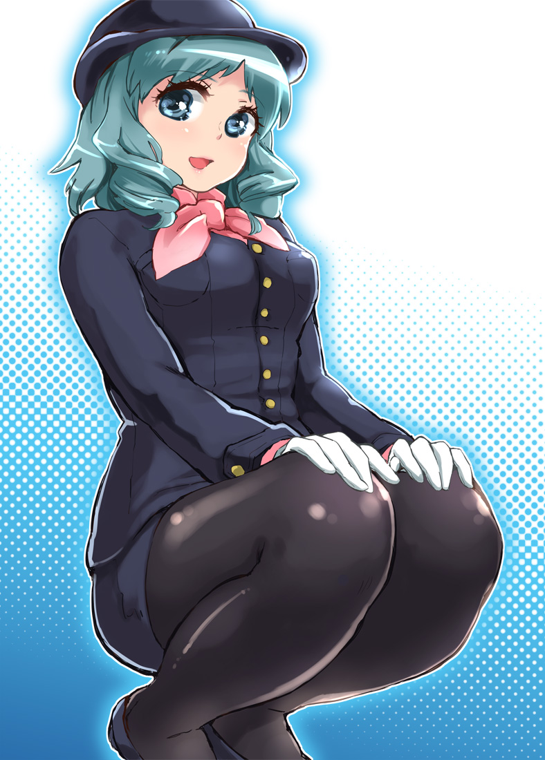 00s, 1girl, aqua_eyes, aqua_hair, bad_id, bad_pixiv_id, black_pantyhose, blush, female_focus, fuji_kyuko, gloves, halftone, hat, looking_at_viewer, mutou_mato, ootsuki_miina, open_mouth, pantyhose, pencil_skirt, ribbon, short_hair, skirt, smile, solo, squatting, tetsudou_musume, train_conductor, uniform