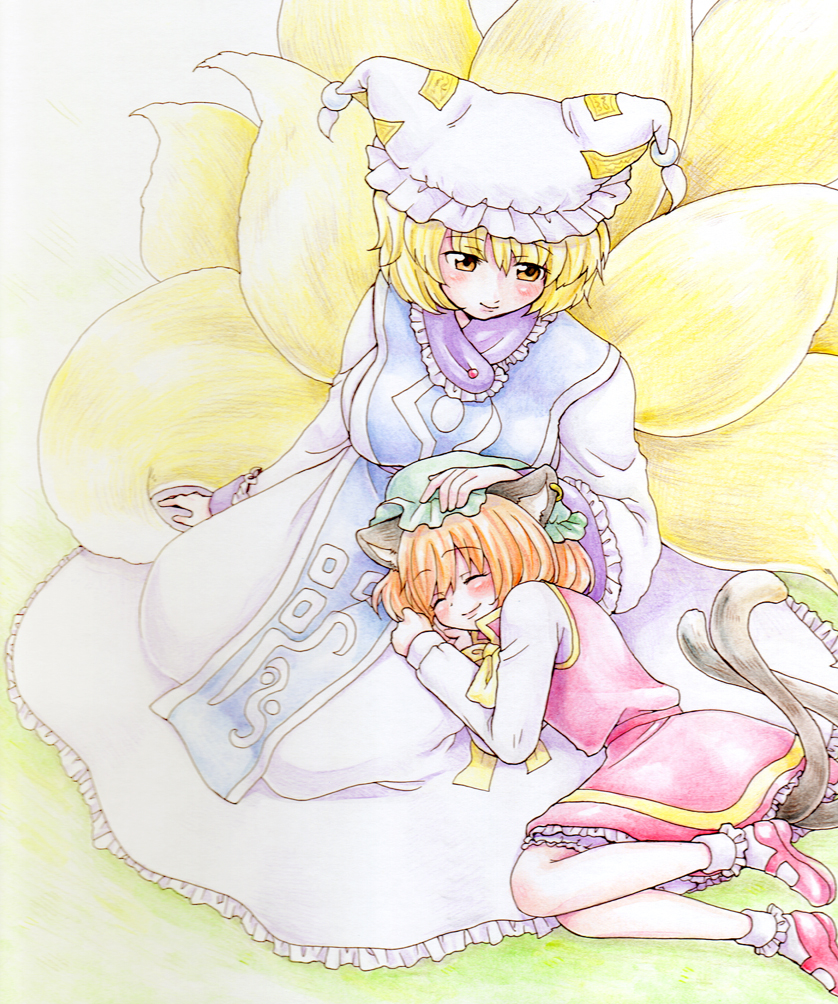 2girls, blush, chen, closed_eyes, female_focus, hand_on_head, lap_pillow, multiple_girls