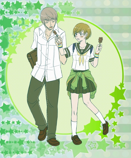 1boy, 1girl, atlus, ayachu, bag, bookbag, brown_eyes, brown_hair, closed_eyes, clothes_around_waist, eating, food, grey_hair, meat, narukami_yu, neckerchief, open_mouth, persona, persona_4, satonaka_chie, school_uniform, serafuku, shish_kebab, short_hair, skirt, star_(symbol), sweater, sweater_around_waist