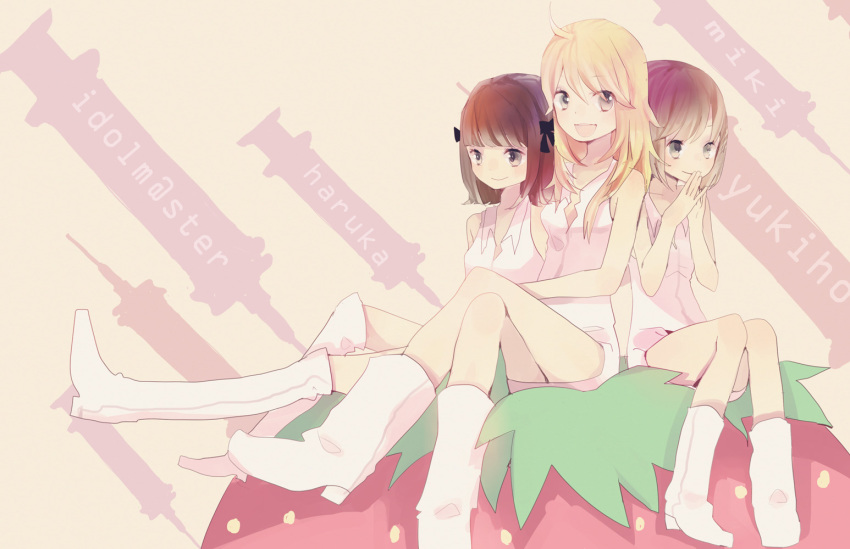 3girls, amami_haruka, blonde_hair, brown_eyes, brown_hair, food, fruit, hagiwara_yukiho