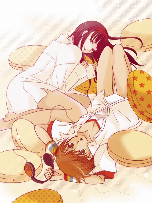 2girls, amagi_yukiko, atlus, ayachu, bare_legs, black_hair, blouse, brown_hair