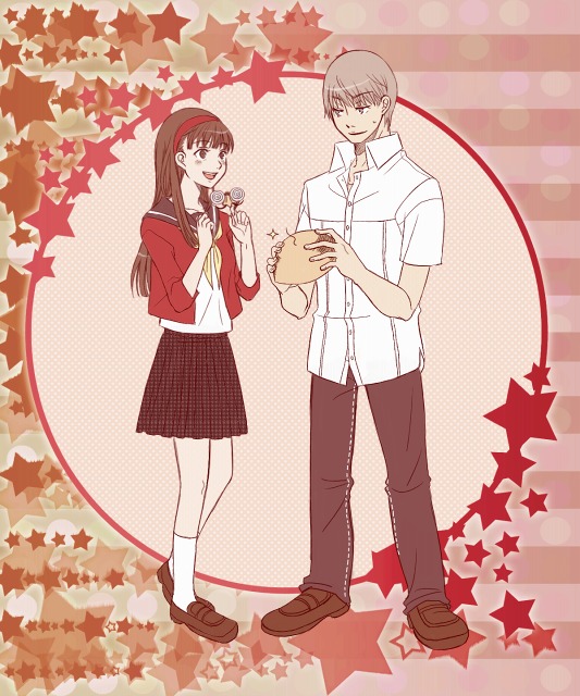 1boy, 1girl, amagi_yukiko, atlus, ayachu, black_hair, dress_shirt, groucho_glasses, glasses, grey_hair, hairband, joke_glasses, long_hair, narukami_yu, neckerchief, open_mouth, persona, persona_4, school_uniform, serafuku, shirt, skirt, smile, star_(symbol)