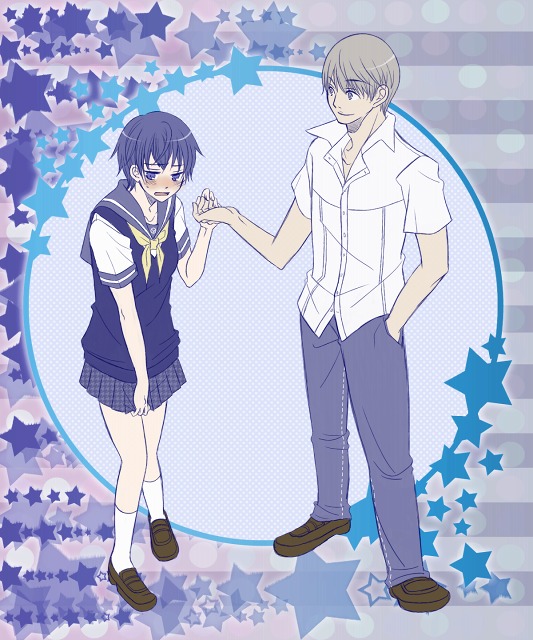 1boy, 1girl, atlus, ayachu, blue_eyes, blue_hair, blush, dress_shirt