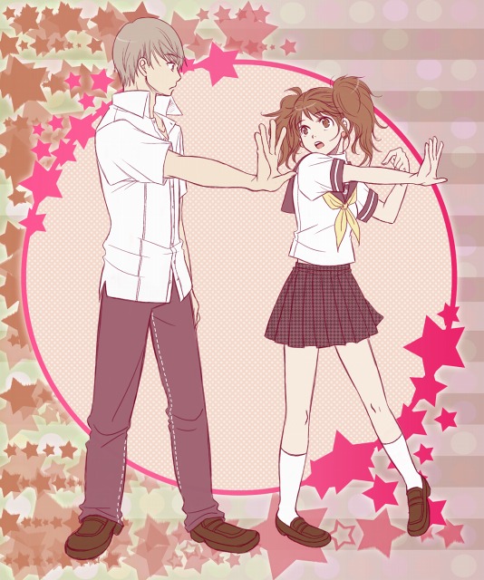 1boy, 1girl, atlus, ayachu, brown_eyes, brown_hair, dress_shirt, grey_hair