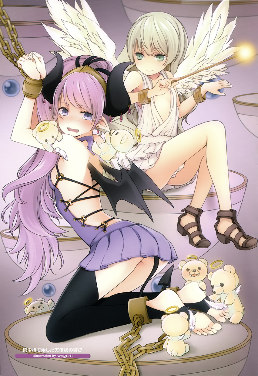 2girls, ancient_greek_clothes, angel, angel_and_devil, artist_name, barefoot, bdsm, blonde_hair