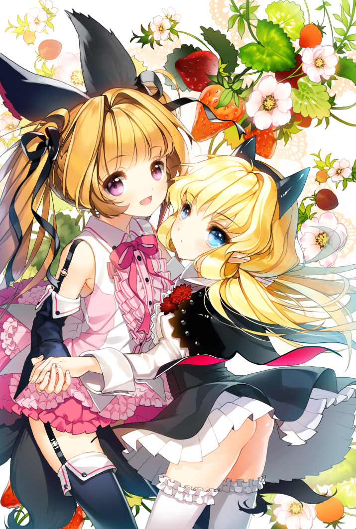 2girls, :d, animal_ears, ass, bad_id, bad_pixiv_id, black_dress, black_legwear, blonde_hair, blue_eyes, bow, capelet, cherrypin, detached_sleeves, dress, fake_animal_ears, fang, flower, food, fox_ears, fox_tail, fruit, garter_straps, hair_intakes, hair_ornament, hair_ribbon, holding_hands, kkoli_leul_chaj-ajwo!, long_hair, long_sleeves, looking_at_viewer, milch_(kkoli_leul_chaj-ajwo!), multiple_girls, multiple_tails, open_mouth, original, park_wolhwa, pink_dress, purple_eyes, ribbon, smile, strawberry, strawberry_blossoms, tail, thighhighs, twintails, upskirt, white_legwear, wind, wind_lift, zettai_ryouiki