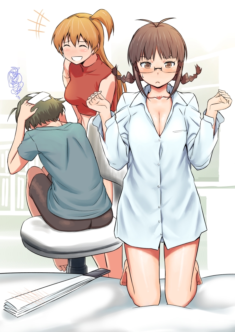 00s, 1boy, 2girls, akizuki_ritsuko, akizuki_ryo, antenna_hair, bandages, barefoot