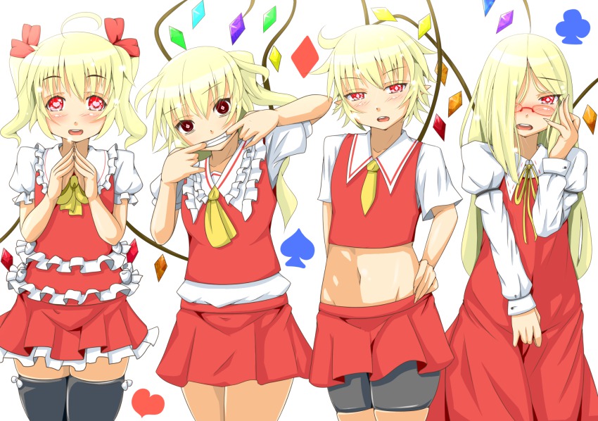 4girls, adapted_costume, alternate_hairstyle, ascot, bespectacled, bike_shorts, black_legwear, blonde_hair