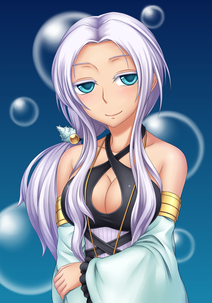 1girl, aqua_eyes, arm_grab, armband, bare_shoulders, blue_background, blush, body_blush, breasts, bubble, cleavage, collarbone, detached_sleeves, duel_monster, female_focus, gradient_background, hair_ornament, halterneck, head_tilt, jewelry, light_smile, long_hair, long_image, looking_at_viewer, pataneet, ritua_natalia, smile, solo, standing, tall_image, upper_body, white_hair, yu-gi-oh!, yu-gi-oh!_duel_monsters