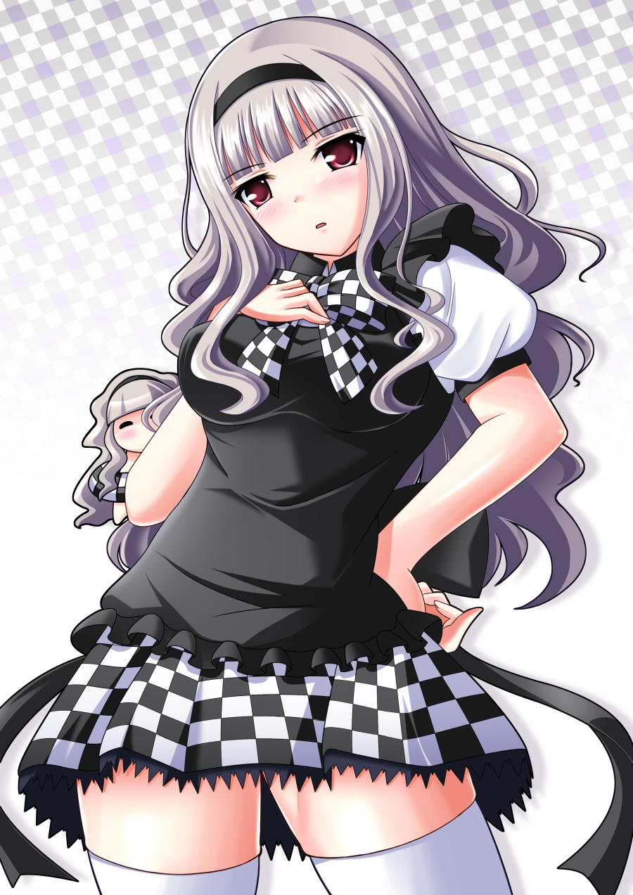 blush, checkered_clothes, checkered_skirt, cosplay, hairband, haiyore!_nyaruko-san, highres, idolmaster