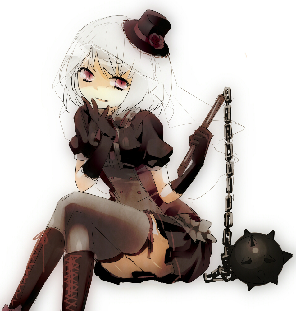 10s, 1girl, black_thighhighs, boots, crossed_legs, female_focus, flail, gloves, gothic_lolita, hand_to_own_mouth, hat, kabu_(googoo), kanna_asumi, lolita_fashion, mace, mahou_shoujo_madoka_magica, mahou_shoujo_madoka_magica_(anime), mini_hat, mini_top_hat, morning_star, open_mouth, red_eyes, short_hair, silver_hair, sitting, smirk, solo, spiked_mace, spikes, thighhighs, top_hat, veil, weapon, yagi_kabu