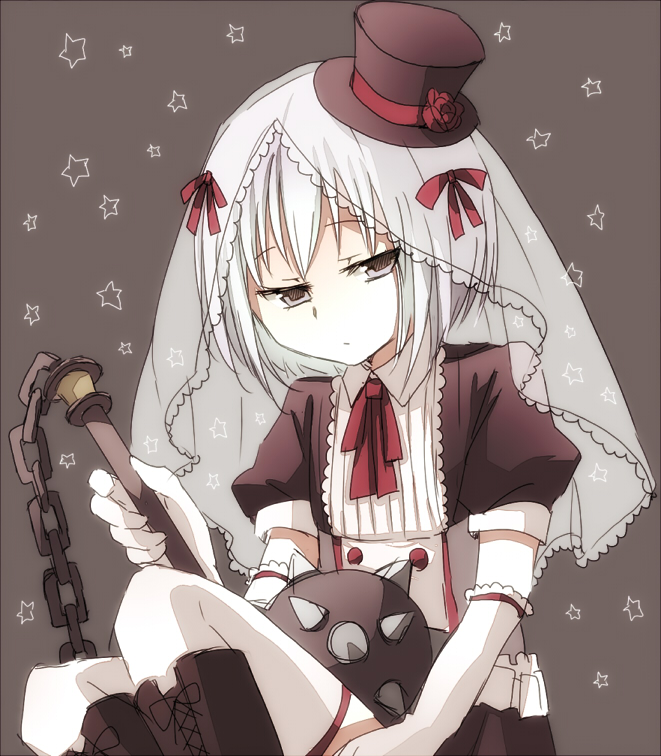 10s, 1girl, anyaaki, ball_and_chain_(weapon), black_eyes, boots, chain, elbow_gloves