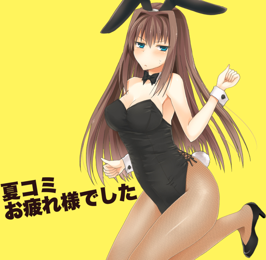 1girl, animal_ears, aozaki_aoko, bad_id, bad_pixiv_id, bare_shoulders, black_bow, black_bowtie, black_leotard, black_shoes, blue_eyes, blush, bow, bowtie, breasts, brown_hair, cleavage, clenched_hands, detached_collar, fake_animal_ears, female_focus, fishnet_pantyhose, fishnets, hair_intakes, hand_up, high_heels, kaito_(collect_mania), kneeling, large_breasts, leotard, long_hair, looking_at_viewer, mahou_tsukai_no_yoru, pantyhose, playboy_bunny, rabbit_ears, shoes, simple_background, solo, strapless, strapless_leotard, sweatdrop, translation_request, type-moon, wrist_cuffs, yellow_background
