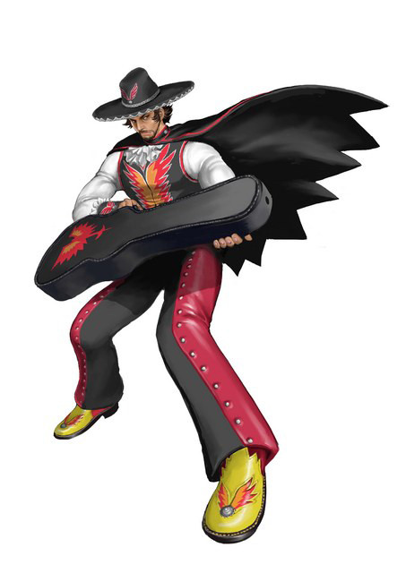 1boy, alternate_costume, guitar_case, instrument_case, miguel_caballero_rojo, minagawa_ryouji, official_art, tekken, tekken_tag_tournament_2