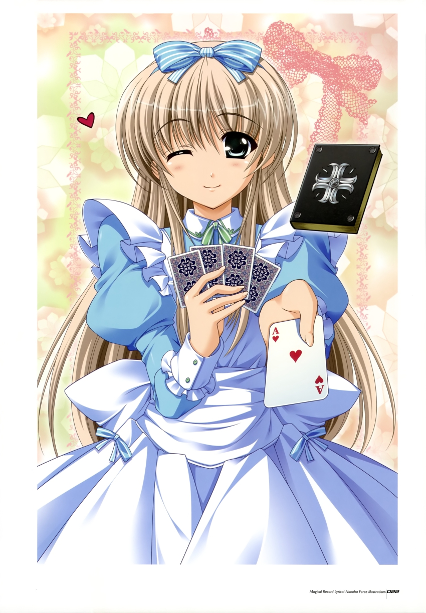 1girl, absurdres, ace_(playing_card), apron, bible_of_silver_cross, blue_eyes, blush, book