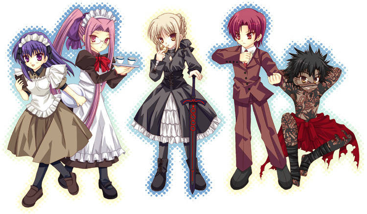 00s, 1boy, 4girls, angra_mainyu_(fate), artoria_pendragon_(fate), bazett_fraga_mcremitz, dress, fate/hollow_ataraxia